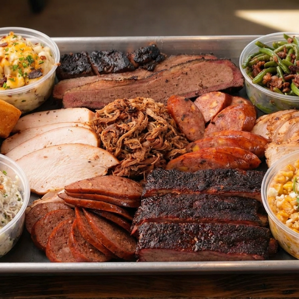 Metal tray piled with barbecue brisket, ribs, sausages, sliced turkey, cornbread, macaroni, green beans, potato salad, and corn salad.