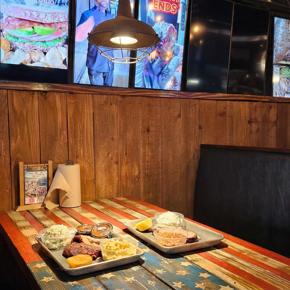 Restaurant booth with two trays of assorted food on a colorful wooden table beneath illuminated menu screens.