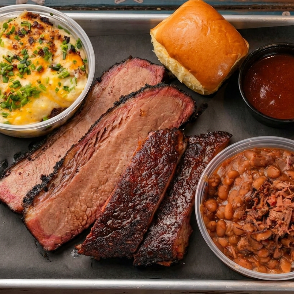 Barbecue platter with sliced smoked brisket, cheesy potatoes, baked beans, barbecue sauce, and a toasted roll on a metal tray.