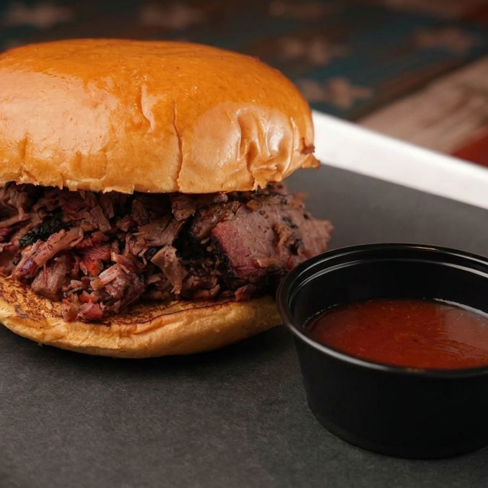 Pulled barbecue beef sandwich on a toasted bun served with a small cup of red dipping sauce on a black tray.