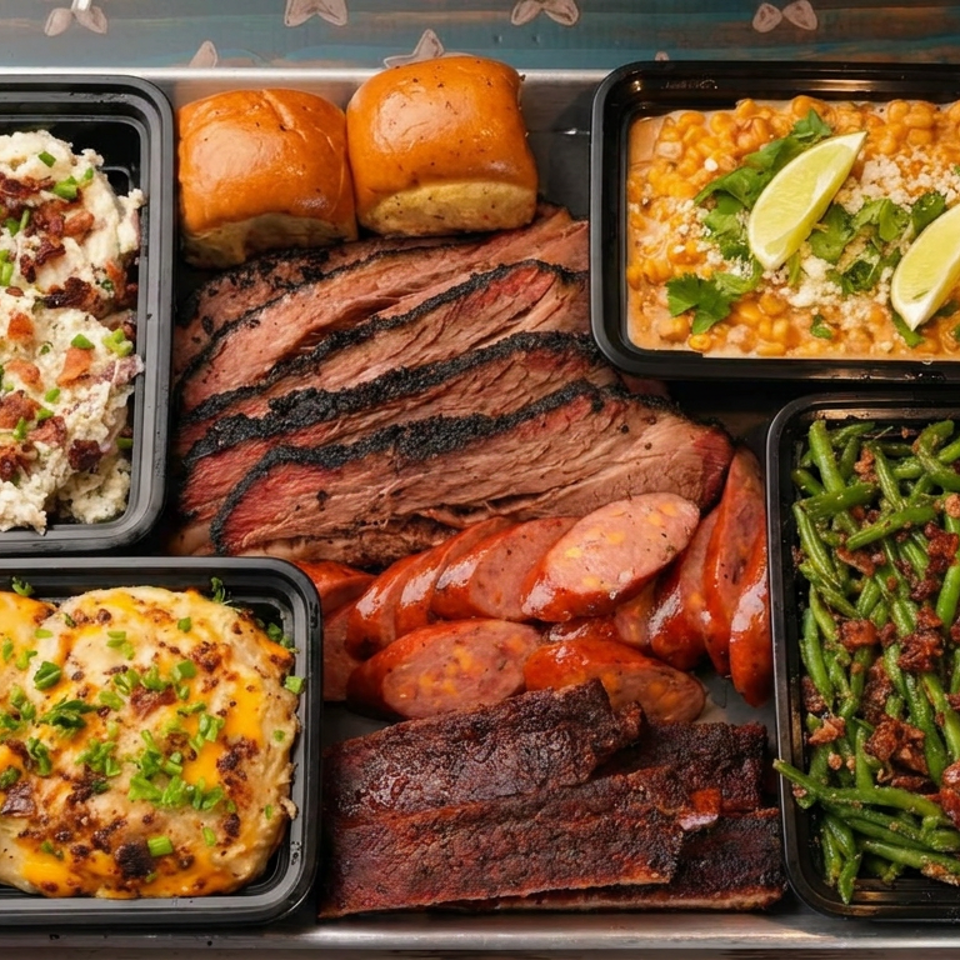 Barbecue platter with sliced brisket, sausage, cheesy casserole, mashed potatoes, green beans, corn, and bread rolls in serving trays.