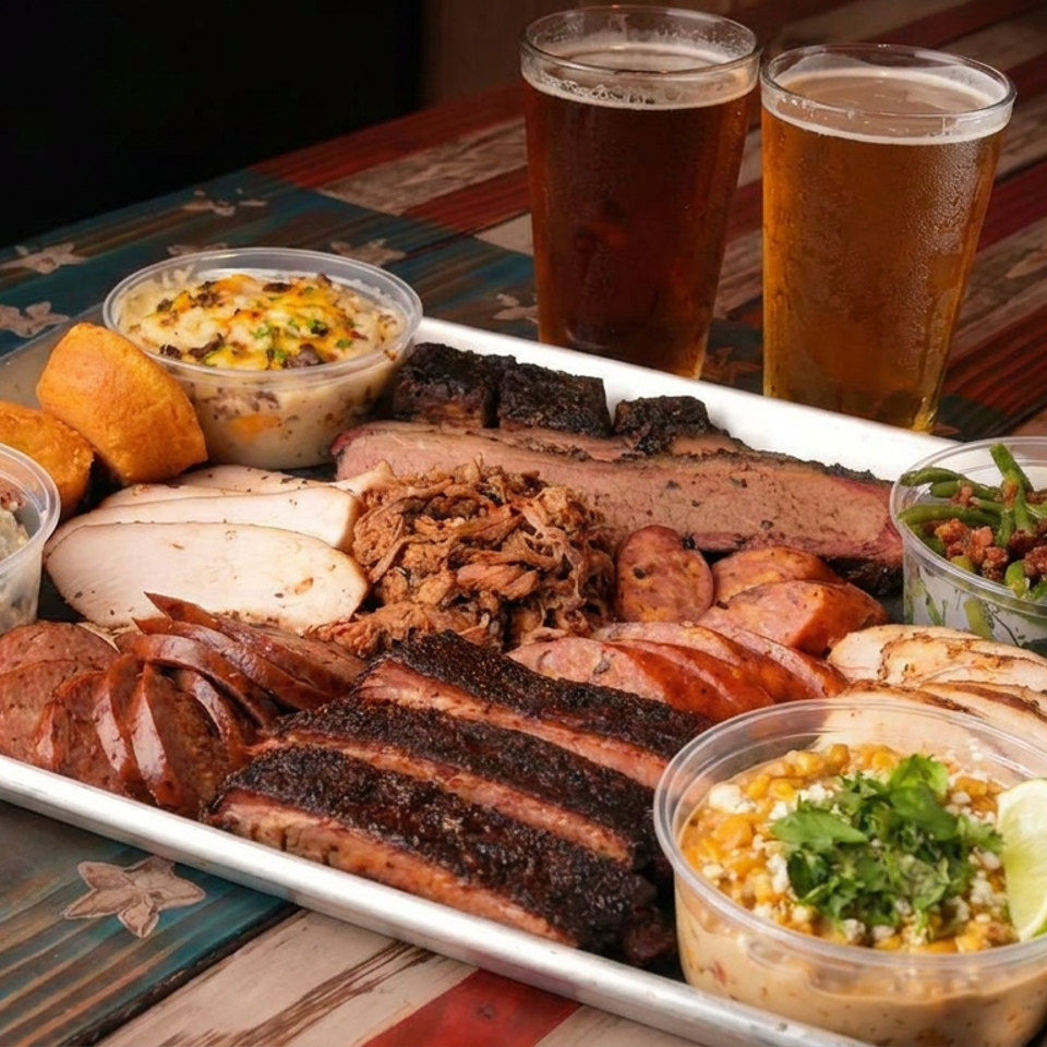 Barbecue platter featuring ribs, brisket, sausage, chicken, pulled pork, side dishes, cornbread, and two glasses of beer.