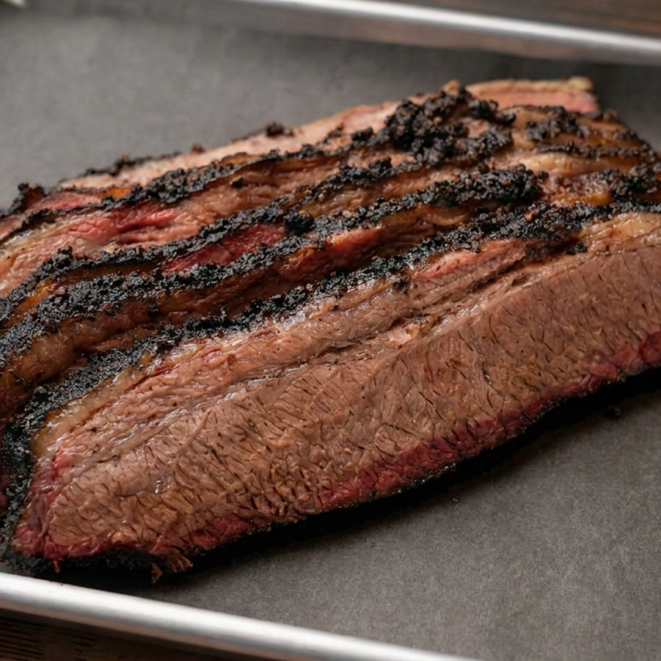 Sliced grilled steak with dark charred grill marks rests on a metal baking tray.