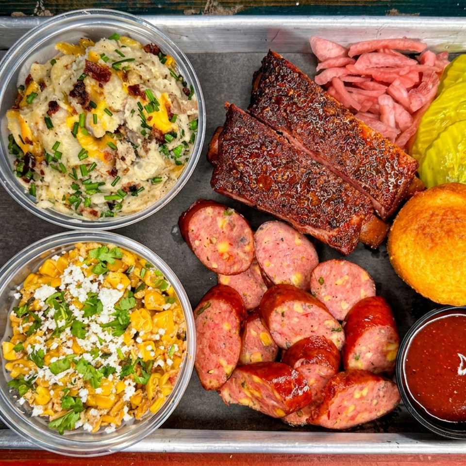Overhead tray of barbecue meats, sliced sausage, cornbread, pickles, pink onions, barbecue sauce, potato salad, and cheesy corn.