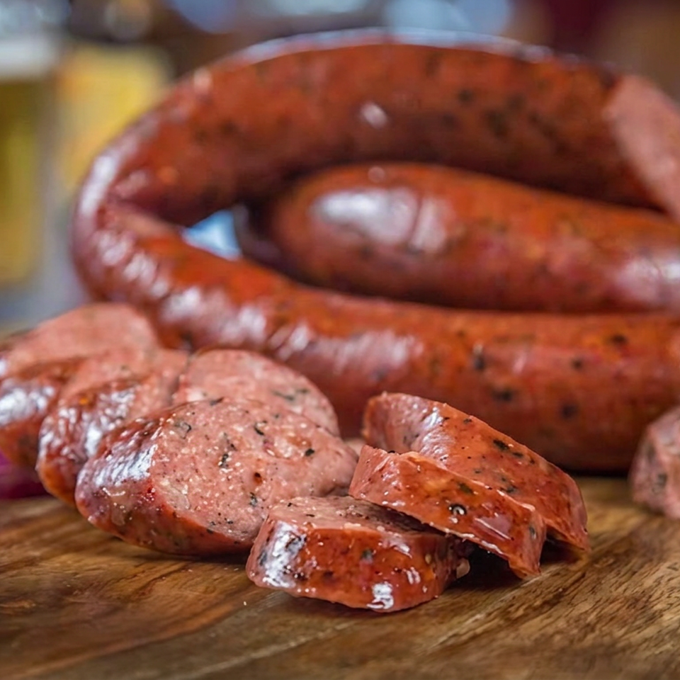 Grilled sausages, including sliced pieces, arranged on a wooden serving board with a blurred beer glass in the background.